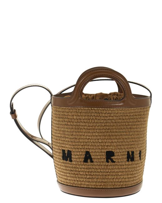 Marni Brown Tropicalia Raffia And Calfskin Bucket Bag