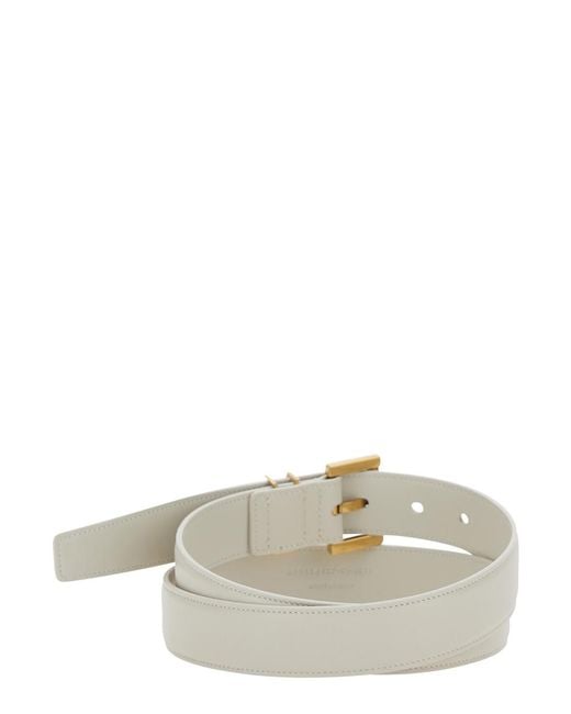 Saint Laurent White Belt With Logo Plate, Leather Calf