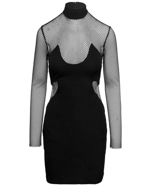 Tom Ford Black Mini Dress With Mesh Inserts And Mock Neck In Viscose