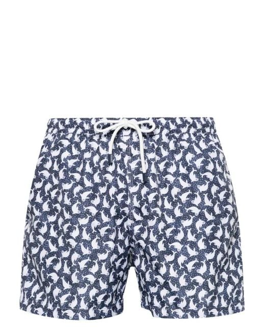 Fedeli Blue Swim Shorts With Seal Pattern for men