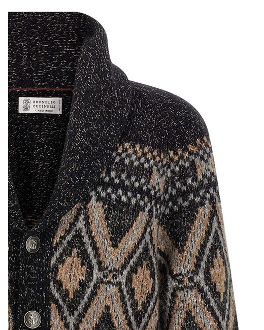 Brunello Cucinelli Black Geometric Jacquard Cardigan for men