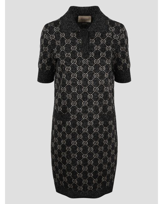 Gucci Lame` gg Jacquard Polo Dress in Black | Lyst
