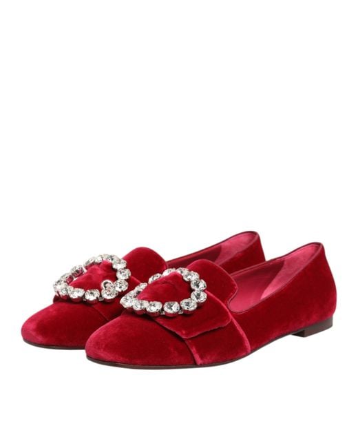 Dolce & Gabbana Red Velvet Loafers Rhinestone Buckle