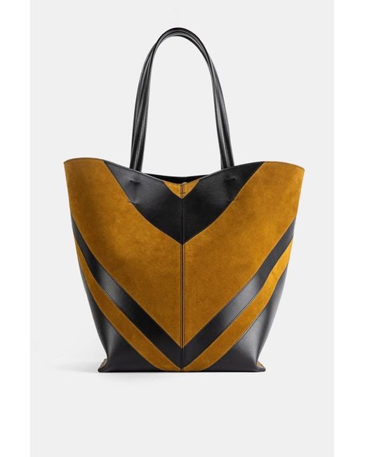 Phoebe Philo White Cabas Pot En Cuir Veau Et Daim Intarsia Noir Toffee Tote Bag