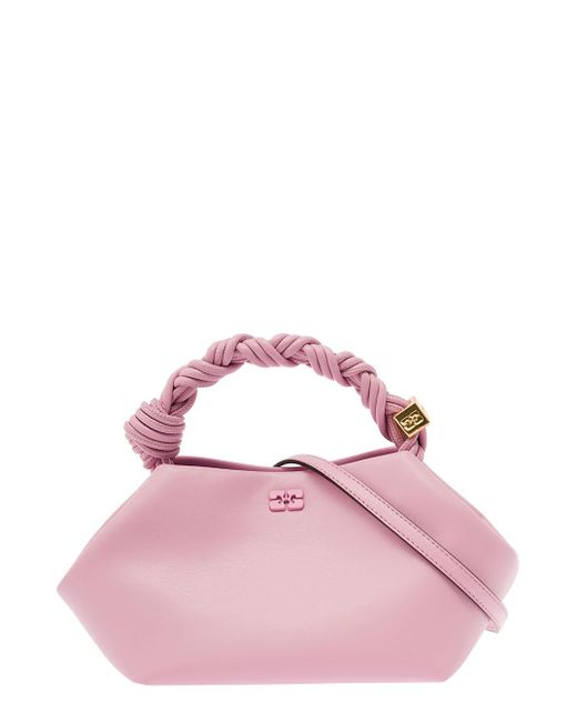 Ganni Bou Pink Handbag With Butterfly Logo And Hand-braided Strands In ...