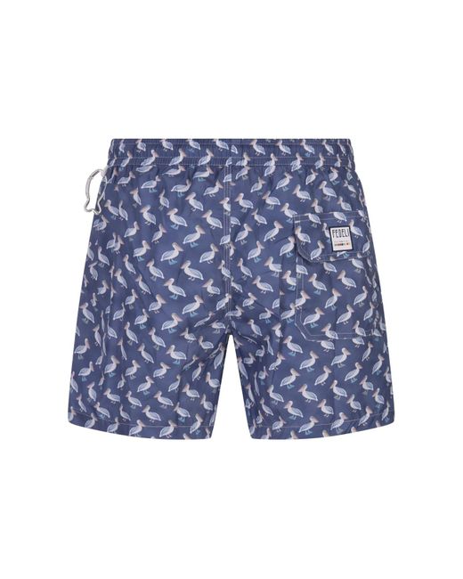 Fedeli Blue Swim Shorts With Pelican Pattern for men