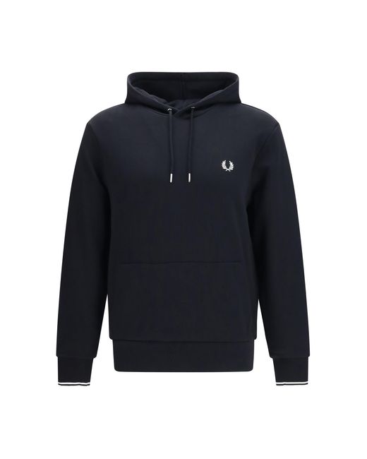 Fred Perry Blue Hoodie With Striped Cuffs Cotton Sweatshirts for men