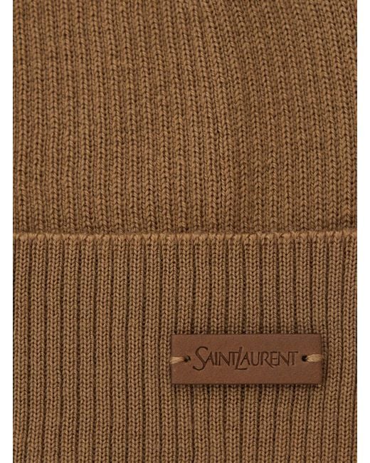 Saint Laurent Brown Knit Beanie With Logo Patch Wool Hat