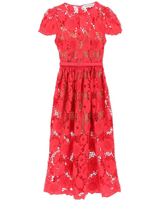 Self-Portrait Red 'poppy' Midi Dress In 3d Floral Lace