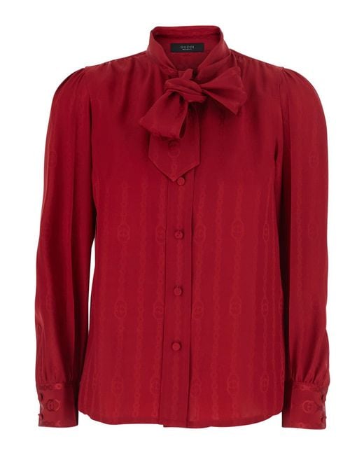 Gucci Red Silk Shirt With Bow, Blouses