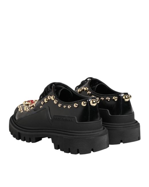 Dolce & Gabbana Black Leather Jeweled Crystals Derby Shoes
