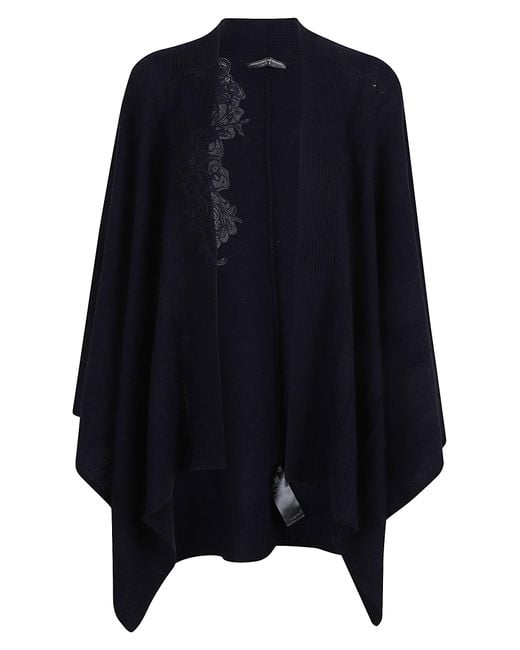 Ermanno Scervino Blue Flowing Wool Blend Cape