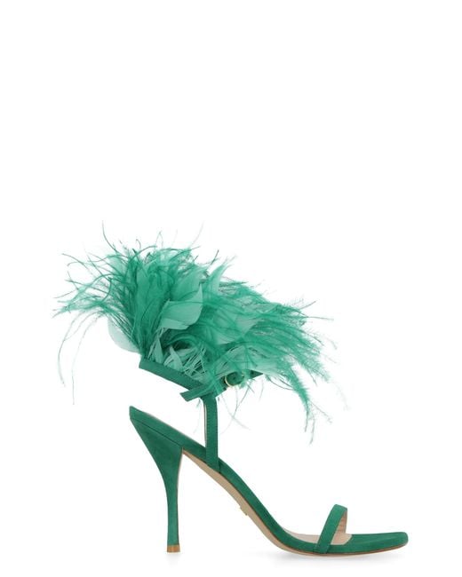 Stuart Weitzman Green Plume Suede Sandals Leather