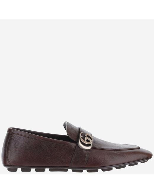Gucci Brown Leather Loafers With Logo Calf for men