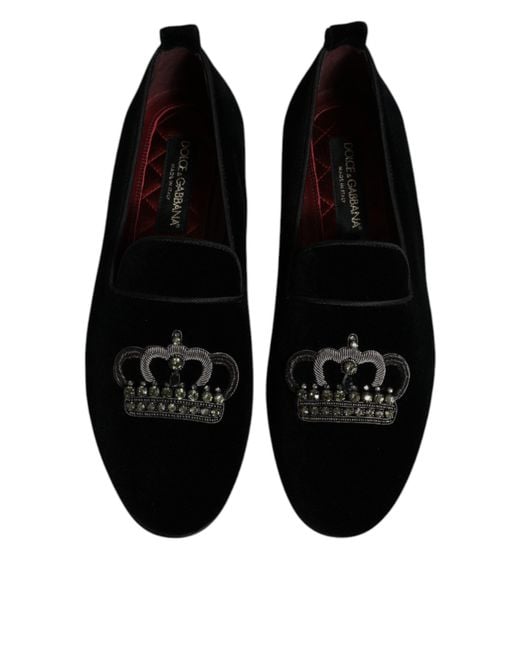 Dolce & Gabbana Black Velvet Crystal Crown Loafers Shoes for men