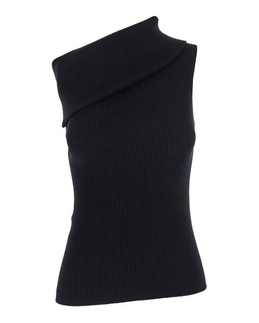Rick Owens Black 'Athena' Ribbed Knit Asymmetric Top With Wide Neckline