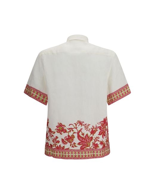 Etro White Linen Shirt With Floral Print And Short Sleeves for men