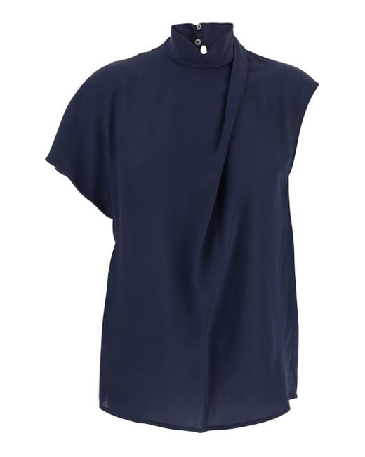 Tela Blue Top With High Neck And Asymmetrical Design