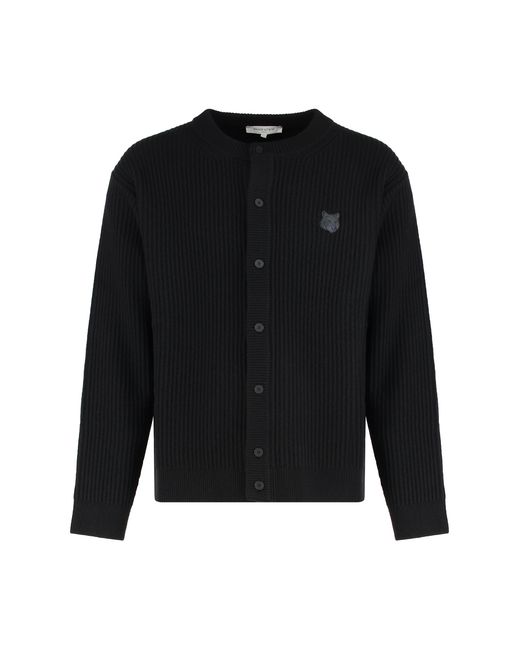 Maison Kitsuné Black Ribbed Wool Cardigan With Fox Head Patch Cardigans for men