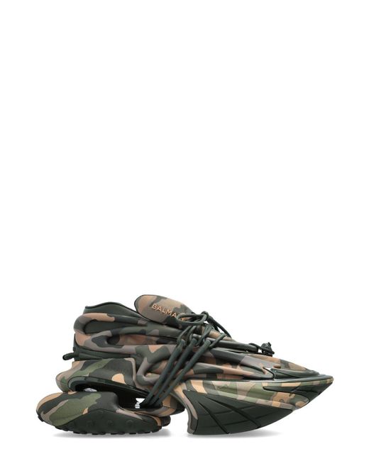 Balmain Green Low-Top Camouflage Print Sneakers for men