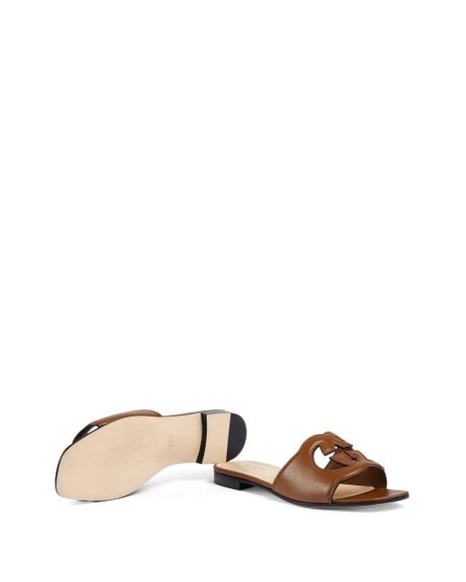 Gucci Brown Interlocking G Cut-out Leather Sliders