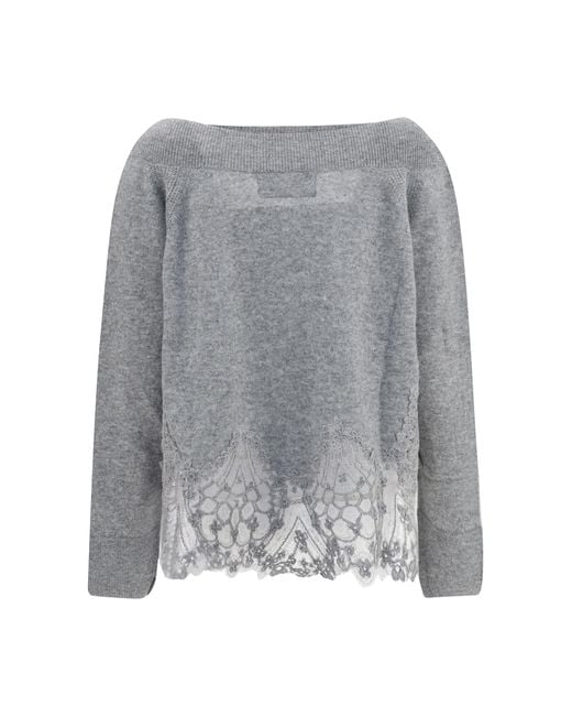 Ermanno Scervino Gray Boat Neck Lace Sweater Kashmir/Capra Hircus