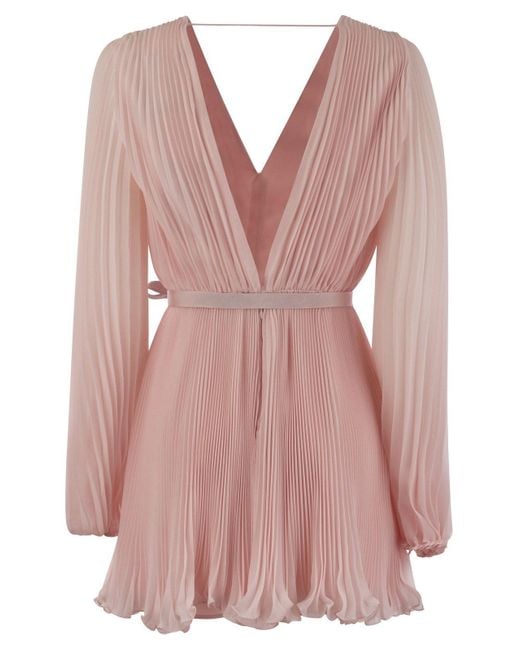 Max Mara Pianoforte Pink V-Neck Pleated Mini Dress
