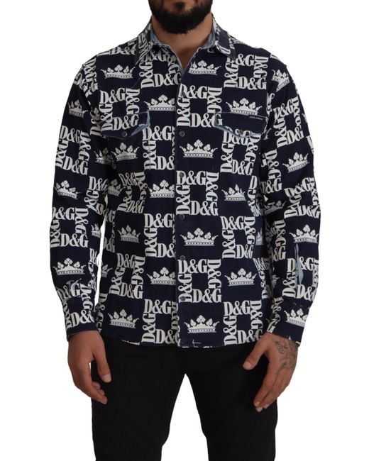 Dolce & Gabbana Black Denim Stretch Dg Crown Logo Casual Shirt Cotton for men