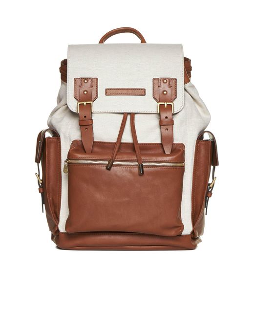 Brunello Cucinelli Brown Canvas And Leather Backpack for men