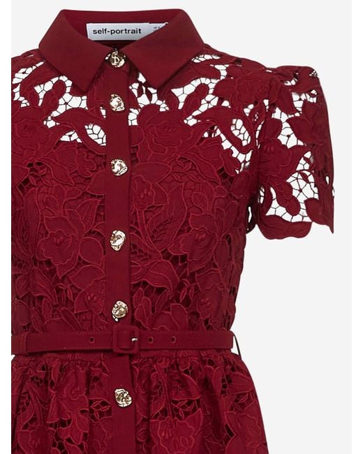 Self-Portrait Red Floral Lace Dress With Puff Sleeves