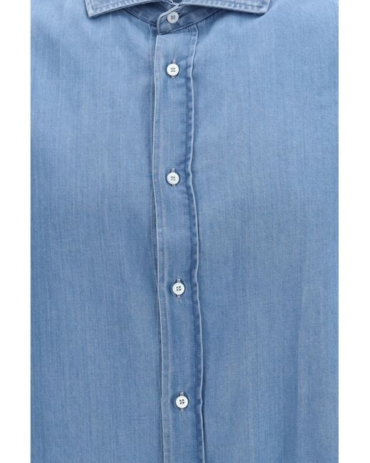 Brunello Cucinelli Blue Cotton Denim Shirt Chiarissimo for men