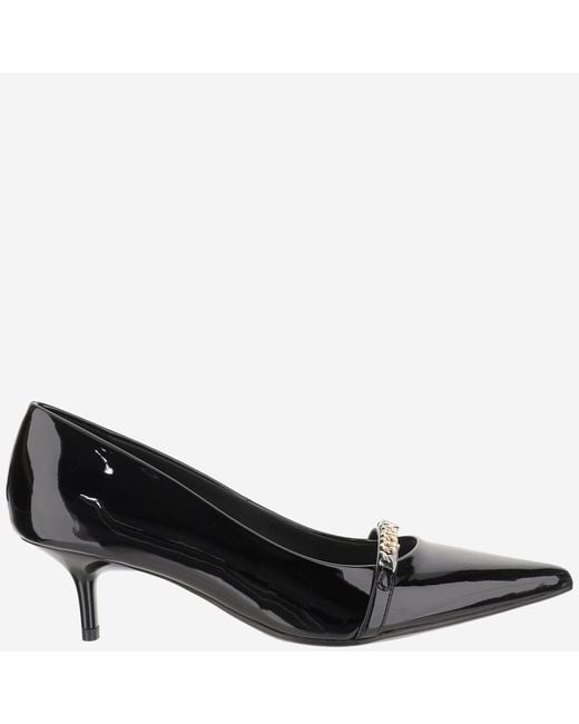 Pinko Black Glossy Leather Pump With Pointed Toe And Logo Chain Detail