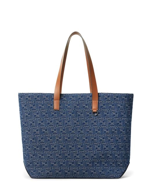 Fendi Blue Ff Jacquard Tote Bag With Denim Effect for men