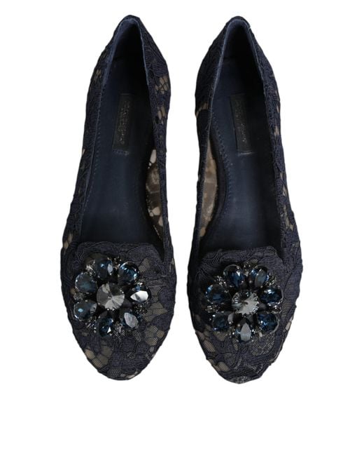 Dolce & Gabbana Black Taormina Lace Crystals Flats Shoes
