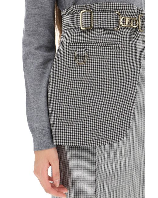 Fendi Gray Houndstooth Wool Midi Skirt With Peplum Belt