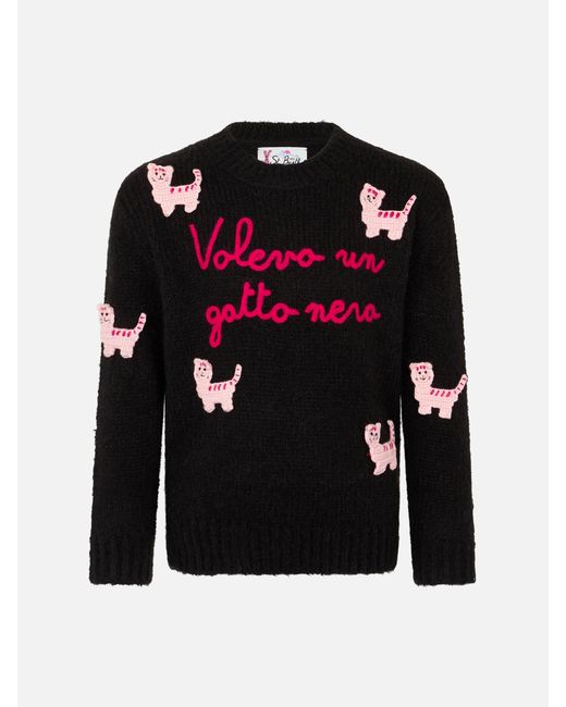 Mc2 Saint Barth Black Girl Crewneck Soft Sweater With Cats Crochet Patch And Volevo Un Gatto Nero Embroidery