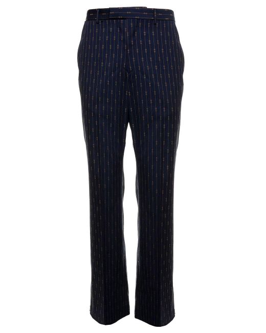 Gucci Blue Man's E Wool Tailored Pants With Allover Horsebit Motif for men