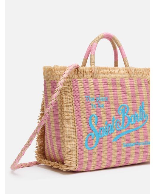Mc2 Saint Barth Pink Colette Straw Effect Handbag With Striped Print Bag