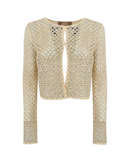 Twin Set Natural Mesh Cardigan With Beads And Rhinestones