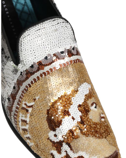 Dolce & Gabbana White Sequined Slip On Loafers Shoes Leather for men