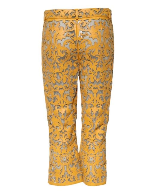 Dolce & Gabbana Yellow Floral Laser Cut Leather Pants for men