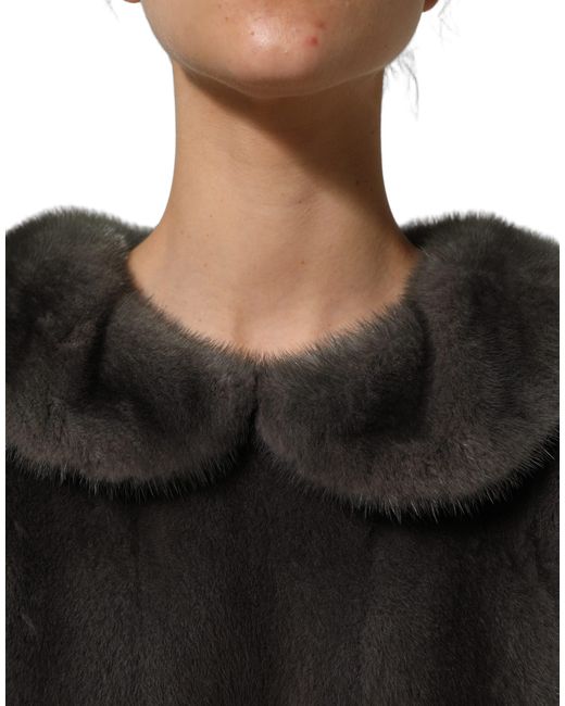 Dolce & Gabbana Black Dark Gray Mink Fur Round Collar Blouse Top