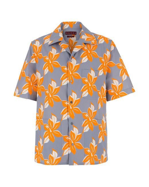 Gucci Orange Bowling Shirt With Cuban Collar And All-Over Floral Print for men