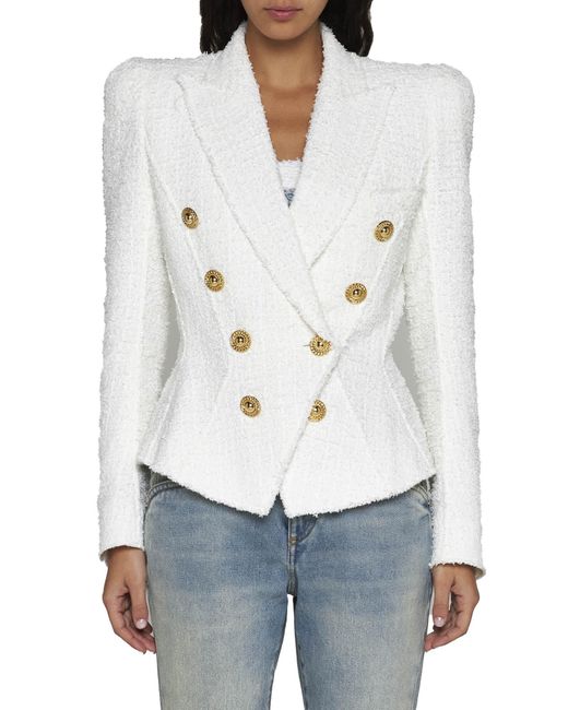 Balmain White Double-breasted Tweed Blazer With Logo Buttons Blazer And Suits