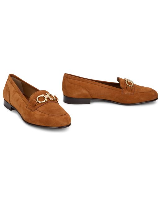Ferragamo Brown Moccasins Gancini Suede Goat Leather Loafers
