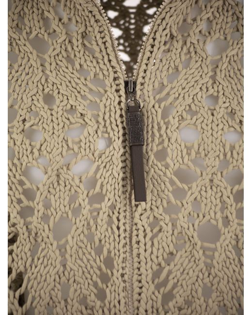 Brunello Cucinelli Brown Soft Feather Cotton Lace Stitch Cardigan With Precious Zipper Pull