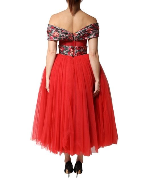 Dolce & Gabbana Red Floral Off Shoulder A-Line Gown Dress