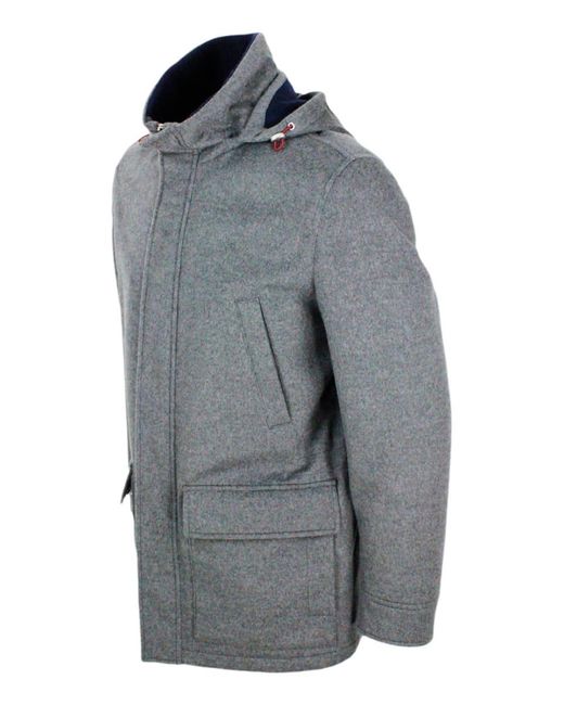 Brunello Cucinelli Gray Cashmere Down Jacket Padded With Real Goose Down With Detachable Hood And Zip And Button Closure for men