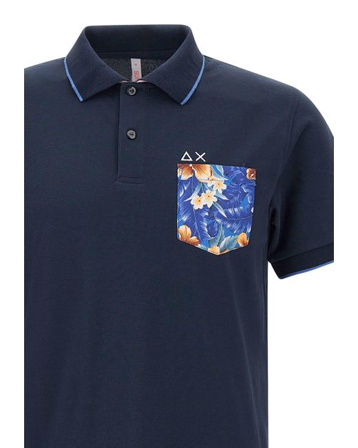 Sun 68 Blue Print Pocket Cotton Polo Shirt for men