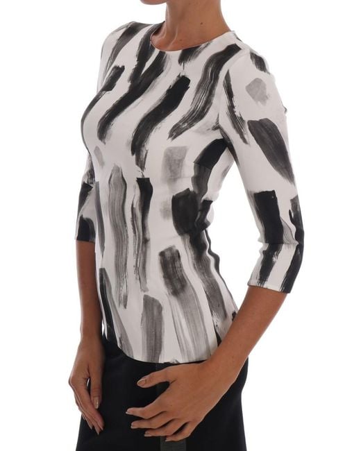 Dolce & Gabbana Gray White Black Striped Printed Blouse Top